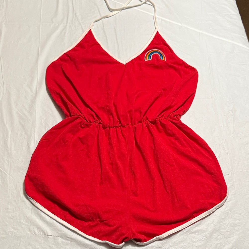Vintage look Vibrant Red Women's Romper with Rainbow Accent